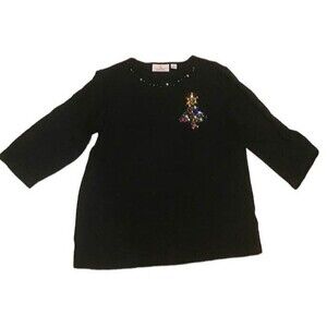 Quaker Factory Ladies Top Christmas Tree Sequins Gems Bead Holiday XS Black NWOT